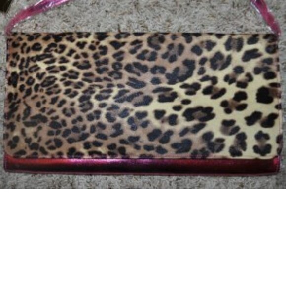 Leopard Clutch Handbag Purse Nicki Minaj Animal Print Foldover Fx Leather Strap - Picture 6 of 6